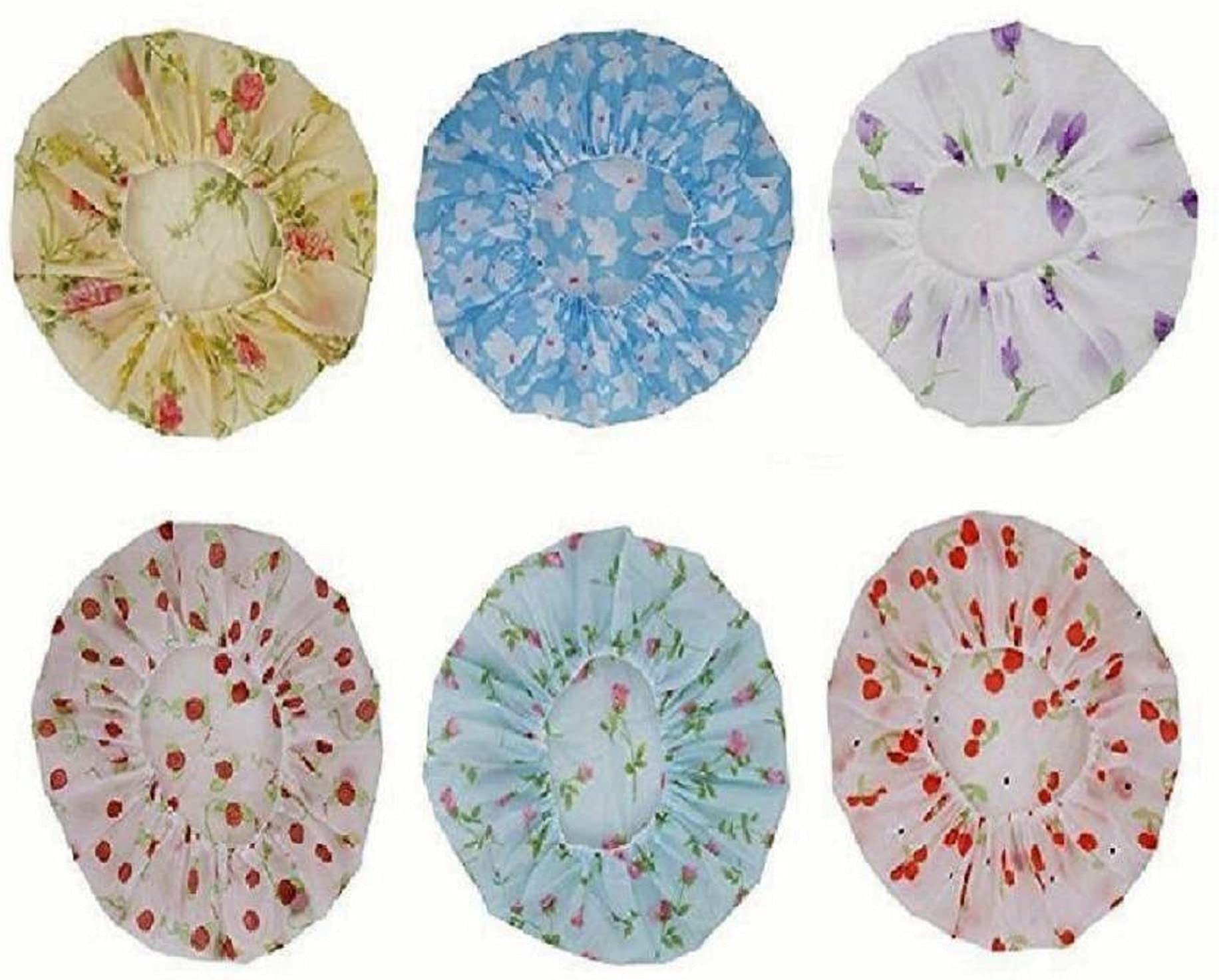 Elecsera 6 pcs of pack Multicolour Waterproof Elastic Printed Plastic Reusable Shower Caps for Women's and girls