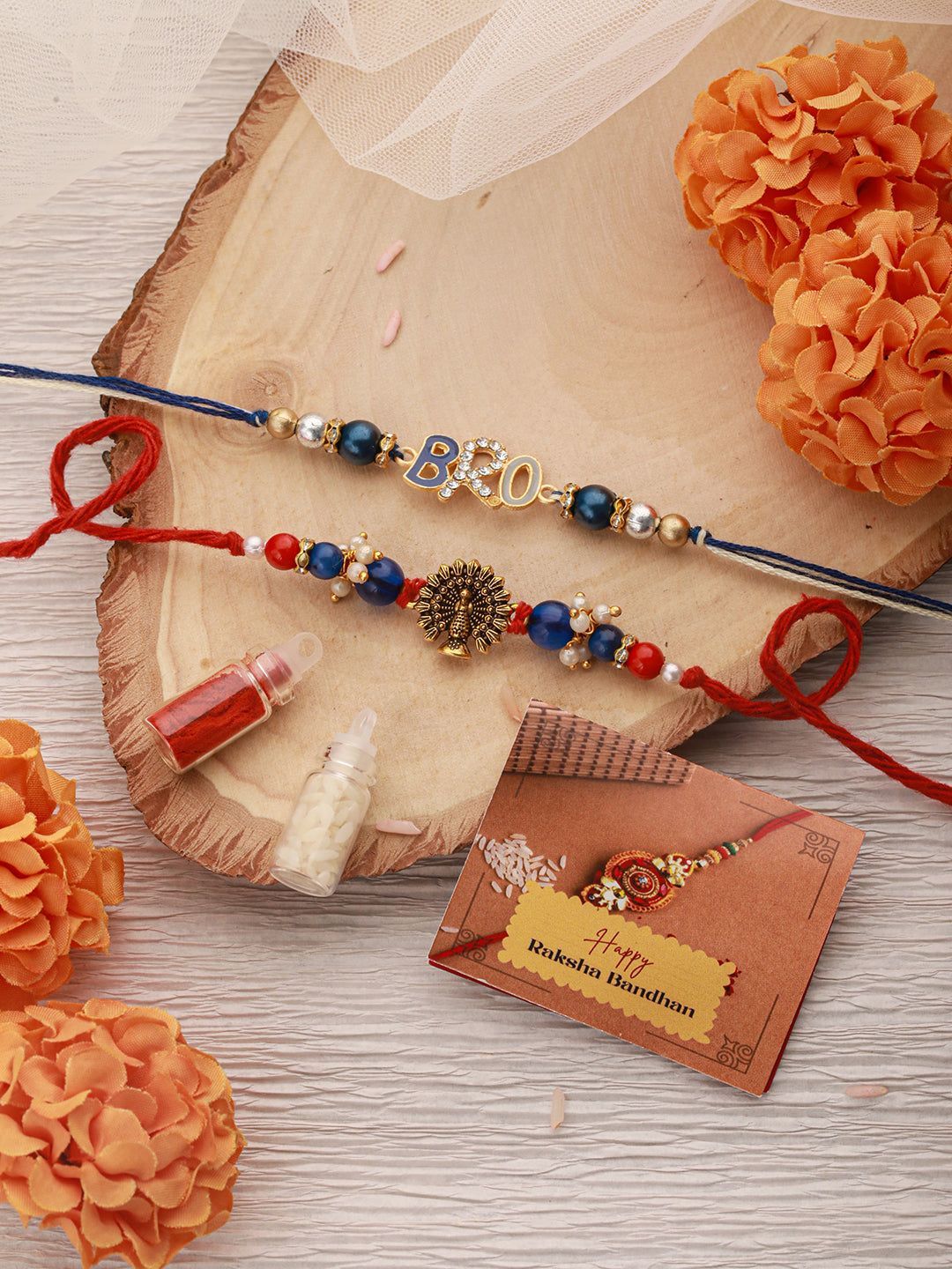 Set Of 2 Stone & Crystal studded BRO Thread Rakhi With Tilak