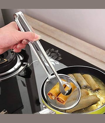 Bhavyta Silver Stainless Steel 2 in 1 Fry Tool Filter Spoon Strainer with Clip ( Set of 1 )