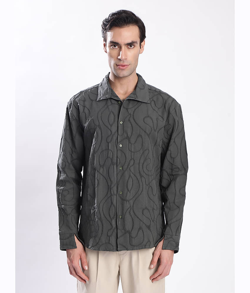 IVOC 100% Cotton Relaxed Fit Self Design Full Sleeves Cuban Collar Men's Casual Shirt (Dark Green)