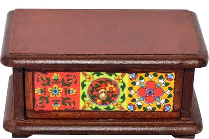 Handcrafted Wooden Box with Intricate Blue Pottery Design