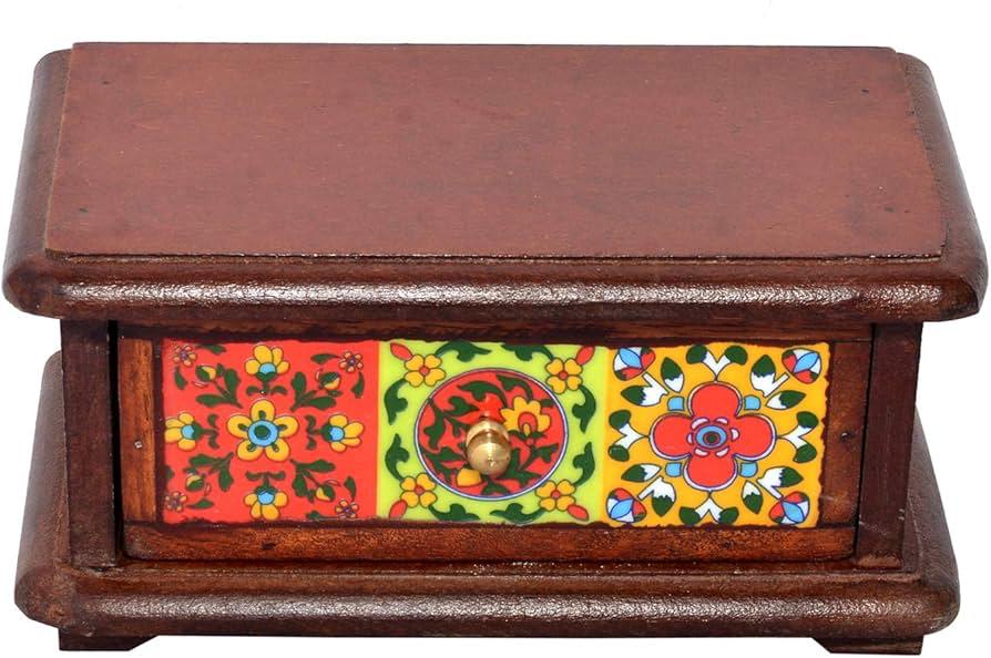 Handcrafted Wooden Box with Intricate Blue Pottery Design