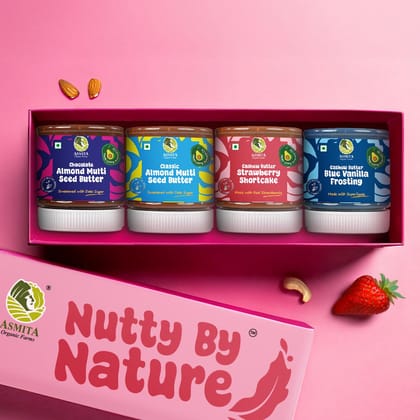 Asmita Organic Farms Nut Butter Tasting Pack – 4 Flavors (Classic Almond, Chocolate, Strawberry Shortcake, Blue Vanilla Frosting) | Date Sweetened, Vegan & Protein-Rich | Multi-Seeds & Avocado Oil | 100g Each Asmita Organic Farms Nut Butter Tasting Pack – 4 Flavors (Classic Almond, Chocolate, Strawberry Shortcake, Blue Vanilla Frosting) | Date Sweetened, Vegan & Protein-Rich | Multi-Seeds & Avocado Oil | 100g Each