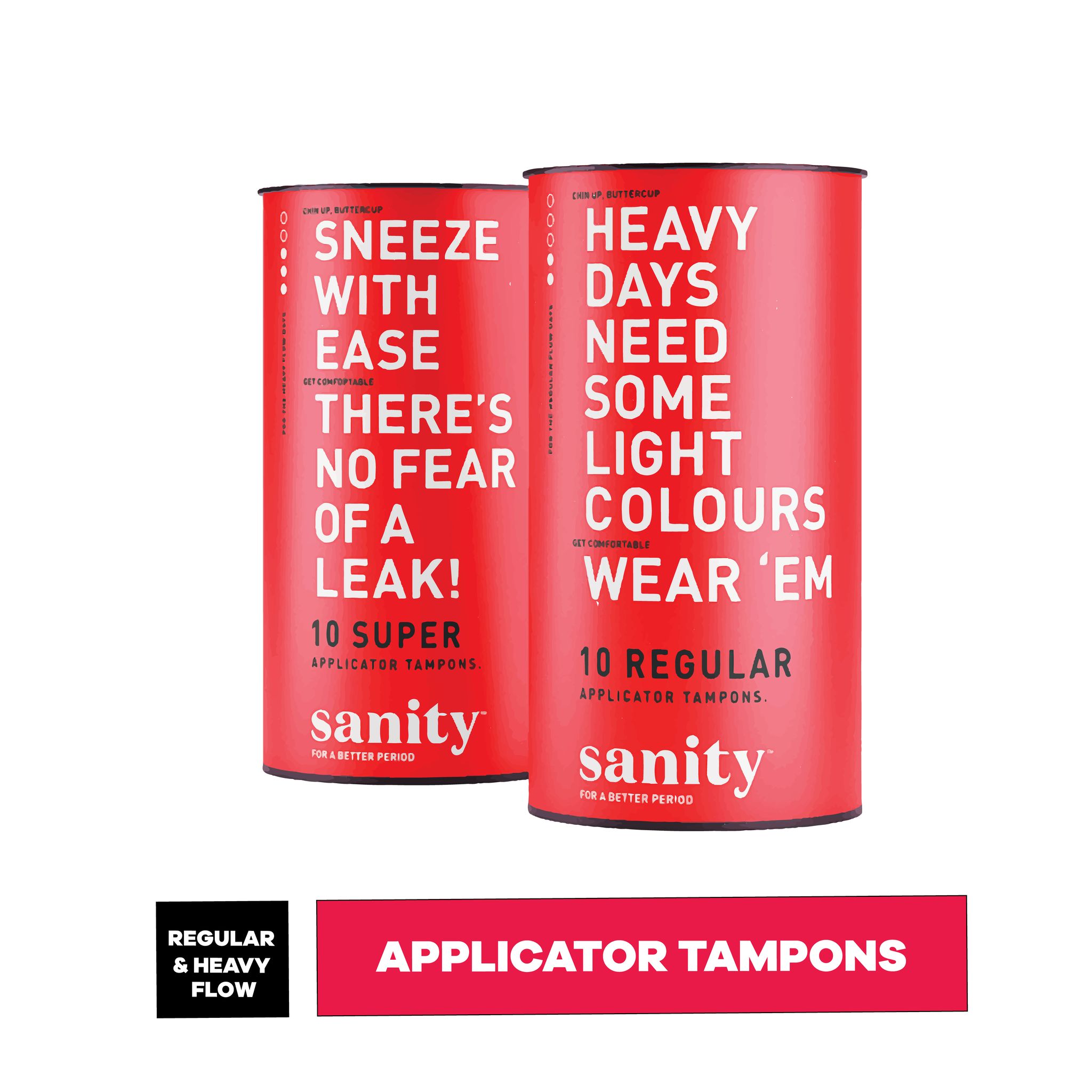 Sanity Super & Regular Applicator Tampons Pack - 20 Tampons (10 Super + 10 Regular) | Light to Heavy Flow Period Care