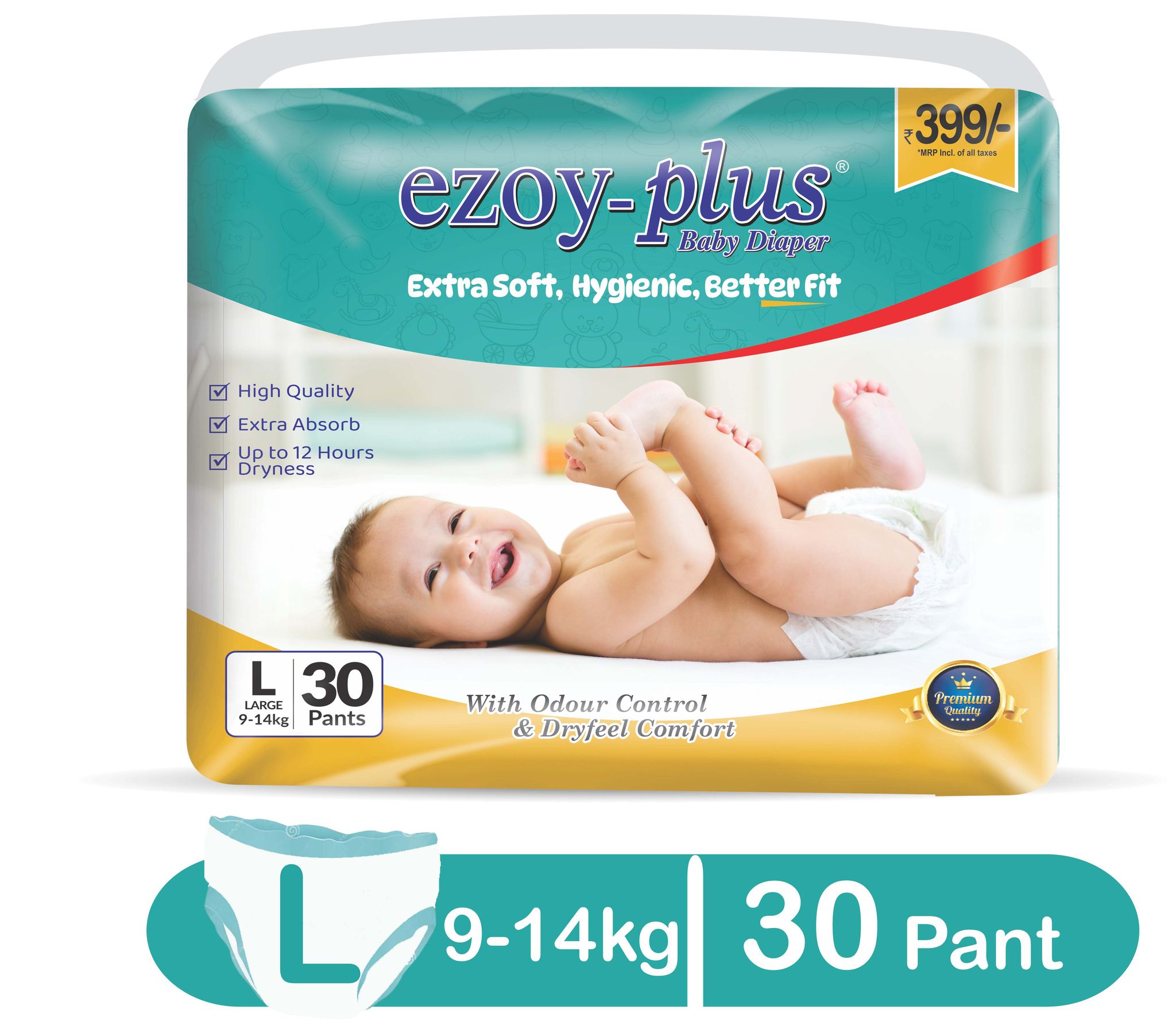 EZOYPLUS Baby Diapers Extra Soft, Hygienic and Dryfeel Comfort, Large Size (9-14 kg), 30 Pants