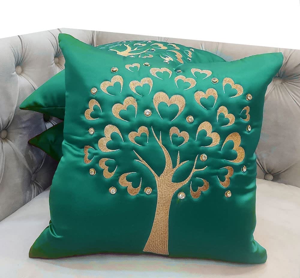 GOODVIBES Teal Blue Green Gold Embroidered Velvet Cushion Case Luxury Modern Throw Pillow Cover Decorative Pillow for Couch Living Room Bedroom Car| 16X16 Inches | 40cm * 40 cm I Set of 3|