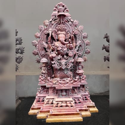 Lord Ganesha Khanja work intricate detail Pink Stone Statue Lord Ganesha Khanja work intricate detail Pink Stone Statue