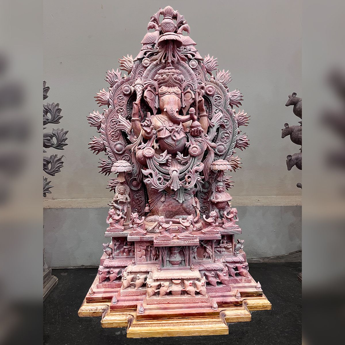 Lord Ganesha Khanja work intricate detail Pink Stone Statue