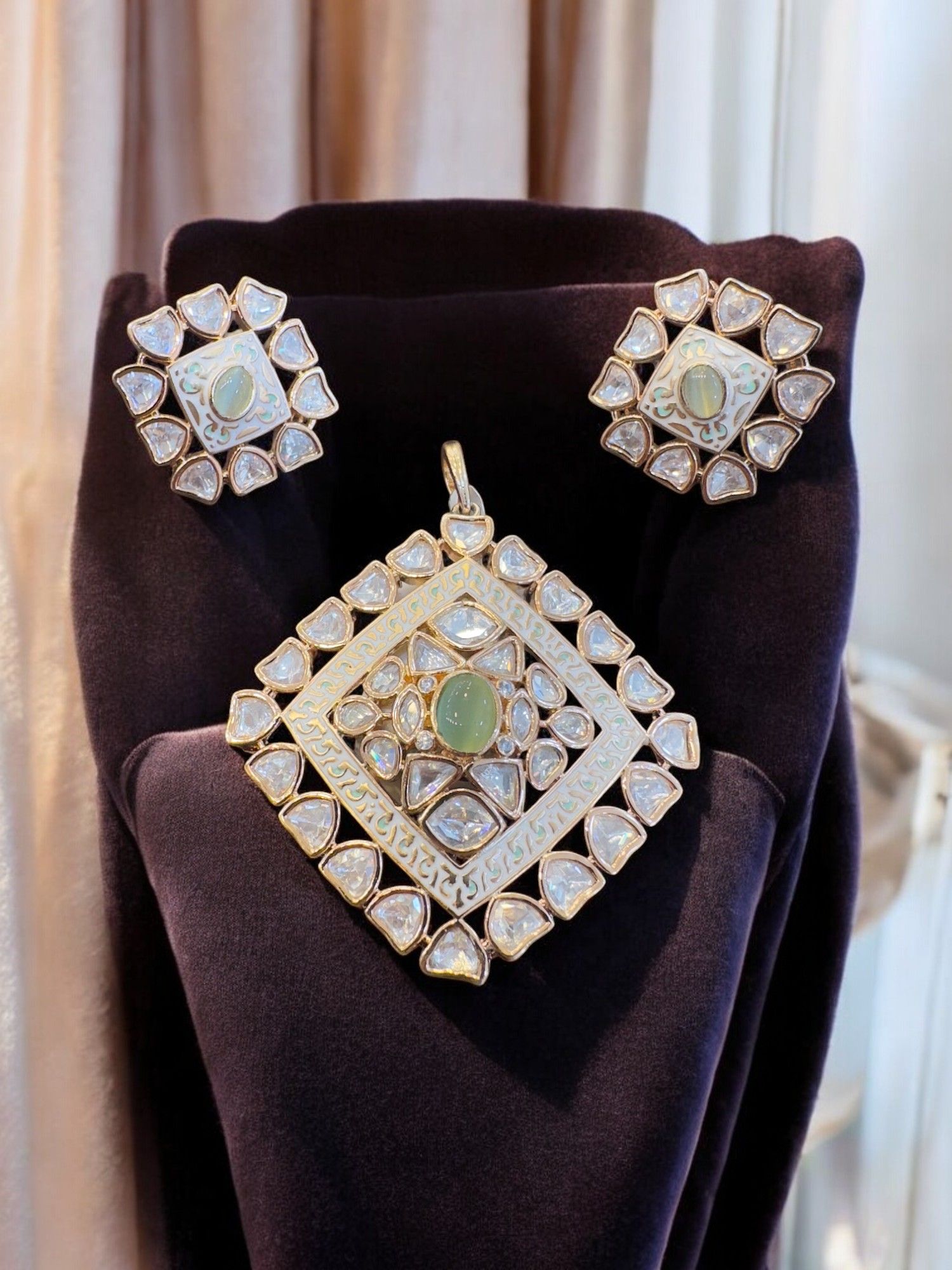 Elegant Mint Green and White Kundan Pendant Set by Dia Art Jewels