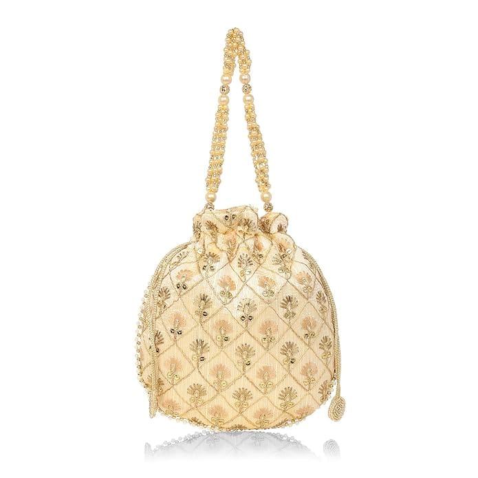 Exquisite Hand Embroidered Potli Bag with Pearl Handle for Women