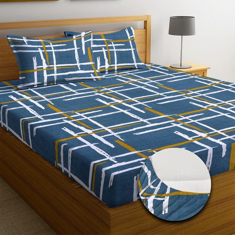 Global Home 210 TC Cotton Feel | Printed King Size Fully Fitted Bedsheet With 2 Pillow Covers
