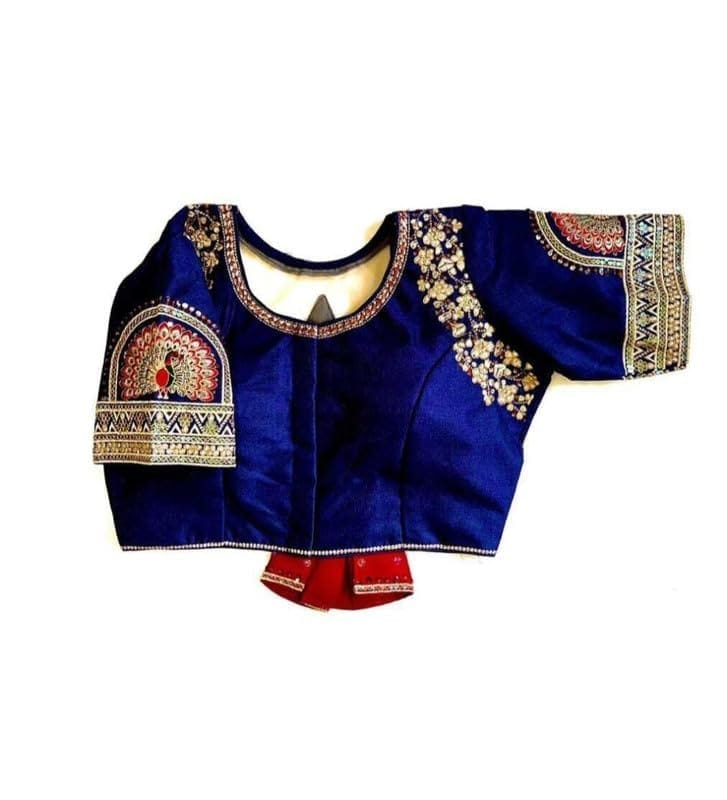 Women's Shining Silk Sequance Round Neck Short Sleeve Readymade Blouse (Blue, Free Size)-PID57764
