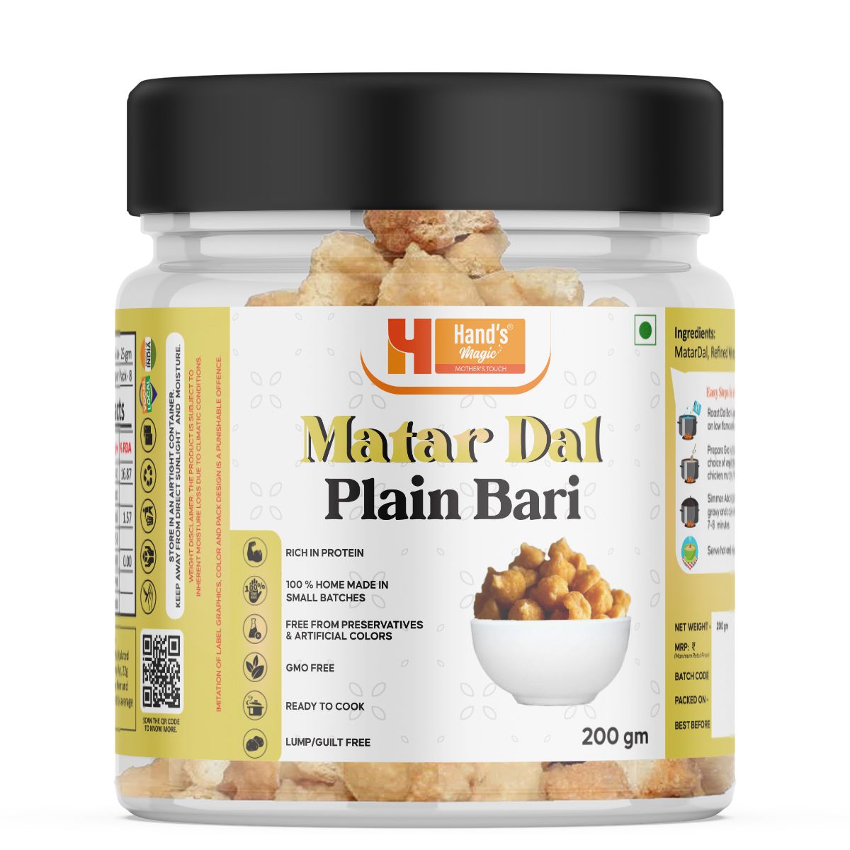 Hand’s Magic Matar Dal Plain Bari | High Protein | Ready to Cook | 100% Homemade | No Preservatives | Natural & Healthy | 200g