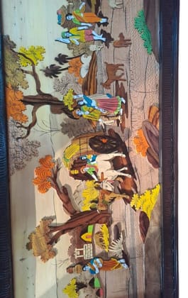 Wooden Wall Art Panel with Intricate Village Scene Design