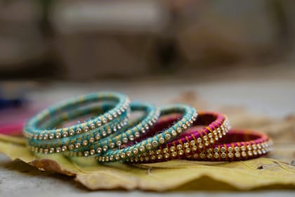Set of 6 Silk Thread Bangles with Stone Work in Blue and Pink Colors