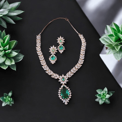 Ellnora's  "Stunning Emerald and Diamond Necklace and Earring Set" for party wear and all occasions