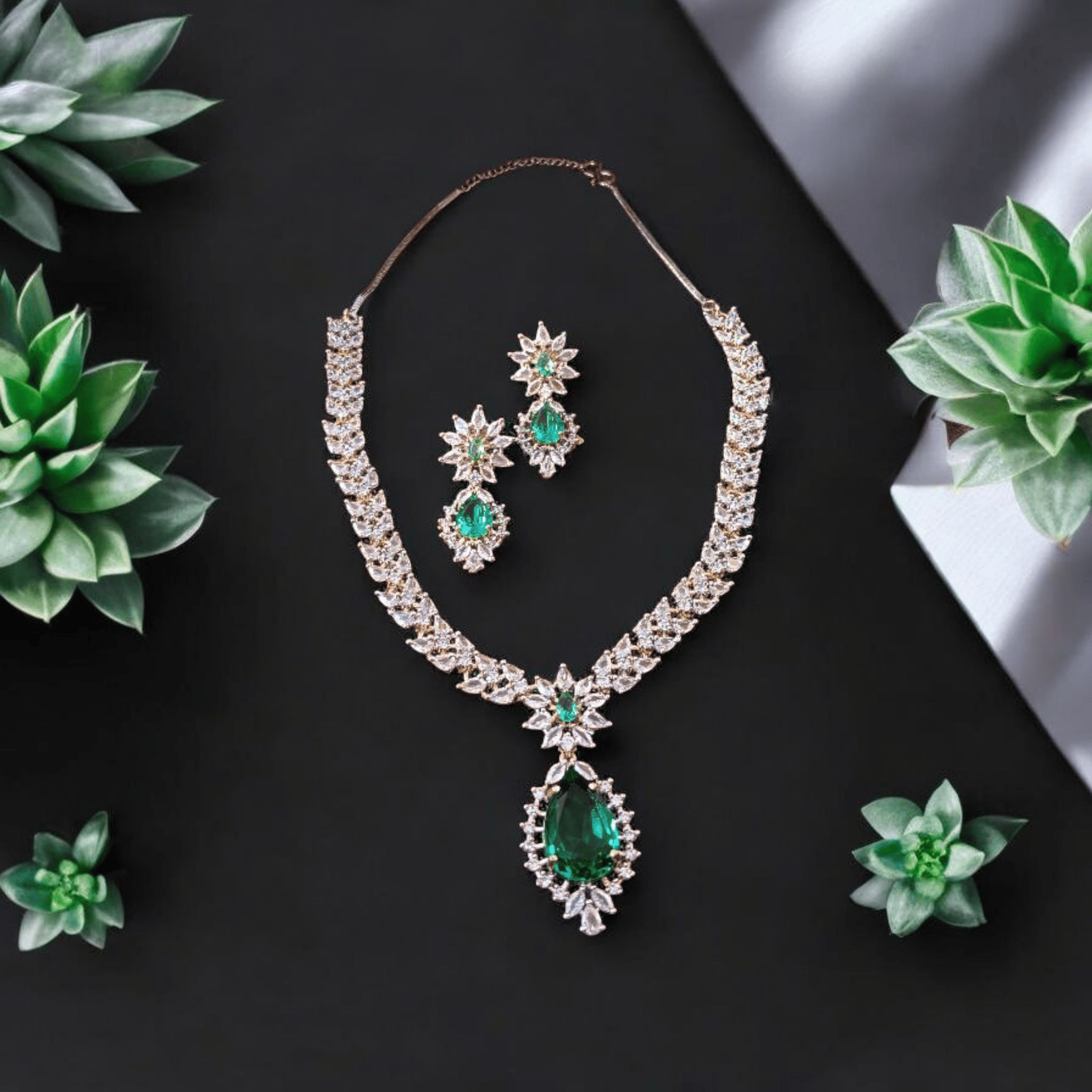 Ellnora's  "Stunning Emerald and Diamond Necklace and Earring Set" for party wear and all occasions