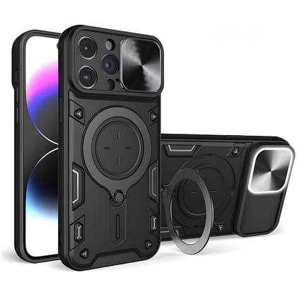 LIRAMARK Back Cover Case Compatible with iPhone 15 Pro Max (6.7 inch) with Stand & Slider Camera Military Grade Drop Protection