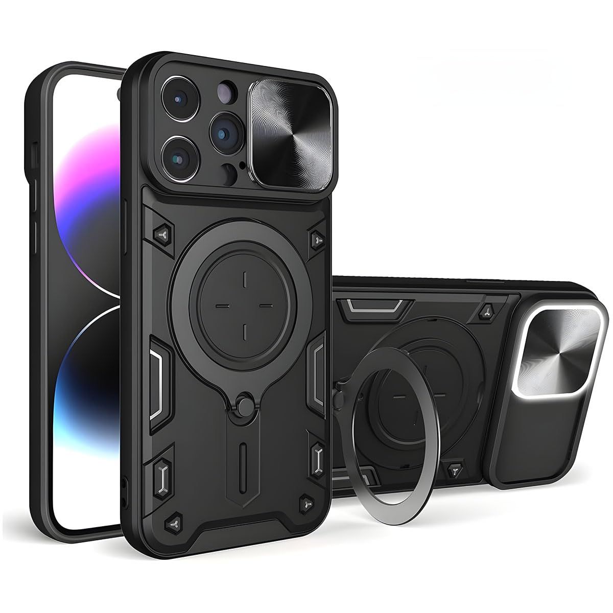 LIRAMARK Back Cover Case Compatible with iPhone 15 Pro Max (6.7 inch) with Stand & Slider Camera Military Grade Drop Protection