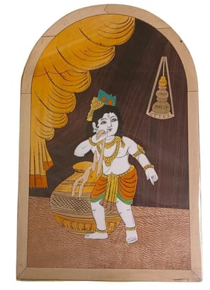 Wooden Lord Krishna Eating Makhan Painting