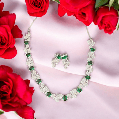  Green Emerald and Diamond Necklace Set in Sterling Silver