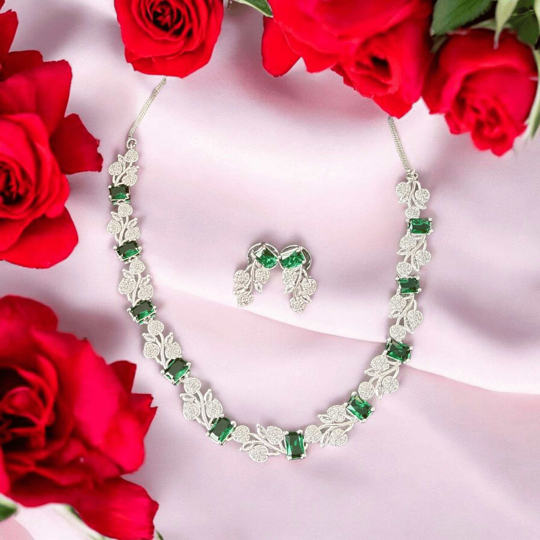 Green Emerald and Diamond Necklace Set in Sterling Silver
