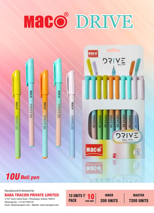 Maco Drive ball pen | Minimalistic & Aesthetic Matt Finish Pastel Body Colors |Effortless Writing With Sleek Clip Design | Blue Ink, Pack Of 50 Maco Drive ball pen | Minimalistic & Aesthetic Matt Finish Pastel Body Colors |Effortless Writing With Sleek Clip Design | Blue Ink, Pack Of 50
