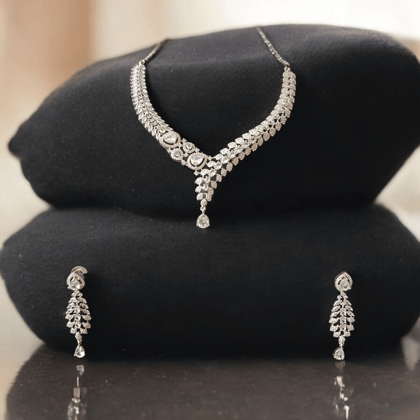  Stunning American Diamond Necklace Set in White Gold Plated 925 Sterling Silver with Earrings for Women