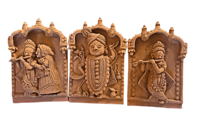 Terracotta Wall Hanging of Radha Krishna Playing Flute, Set of 3 Terracotta Wall Hanging of Radha Krishna Playing Flute, Set of 3