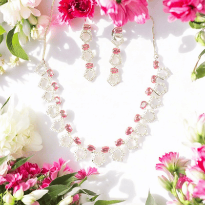 Ellnora's Stunning Pink Cubic Zirconia and American Diamond Necklace Set in Gold Plated Alloy