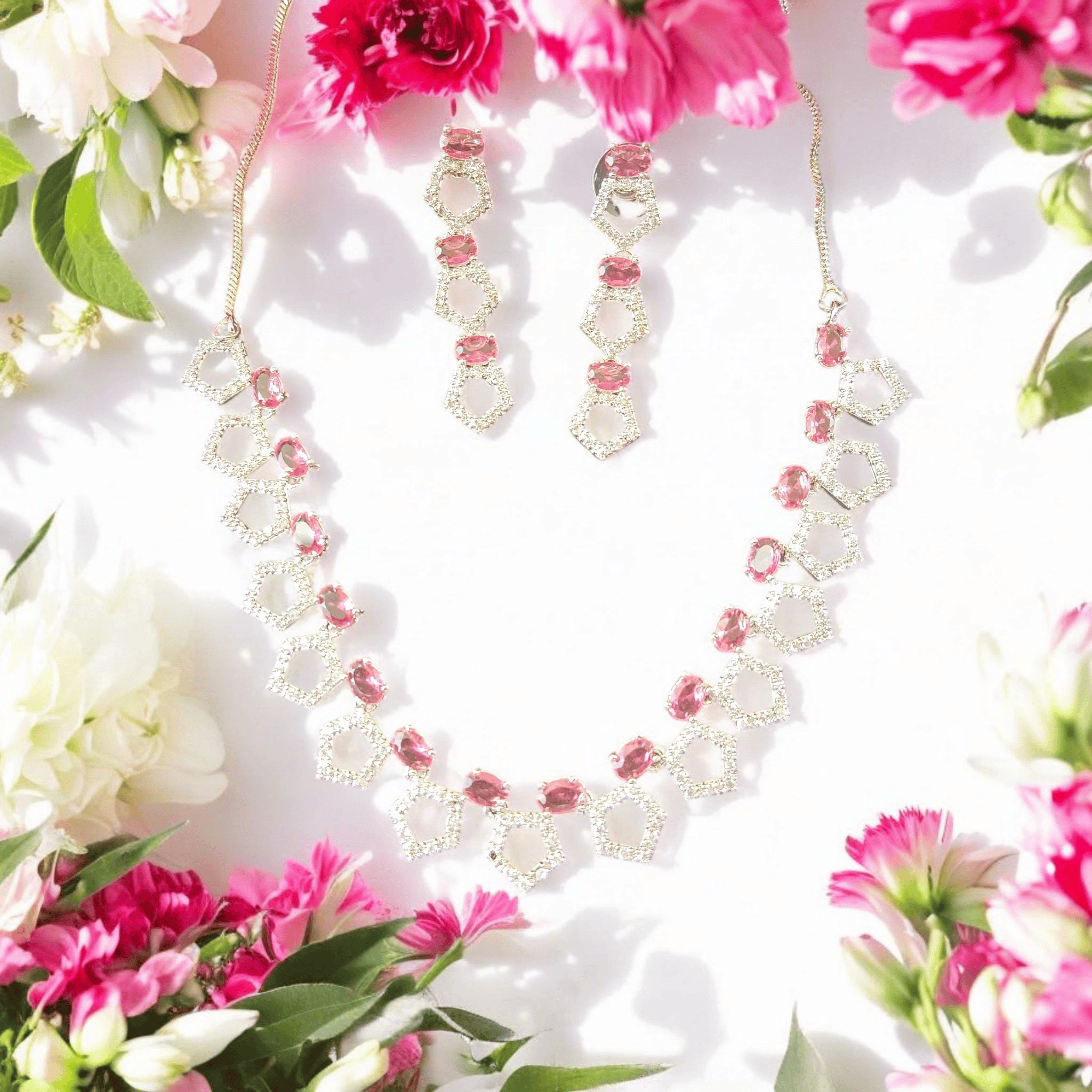 Ellnora's Stunning Pink Cubic Zirconia and American Diamond Necklace Set in Gold Plated Alloy