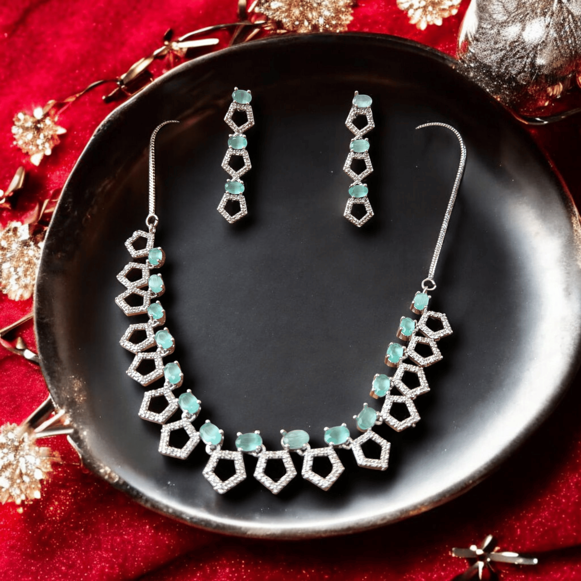 ELLNORA'S "Stunning Silver and Seafoam Green Statement Necklace and Earring Set"