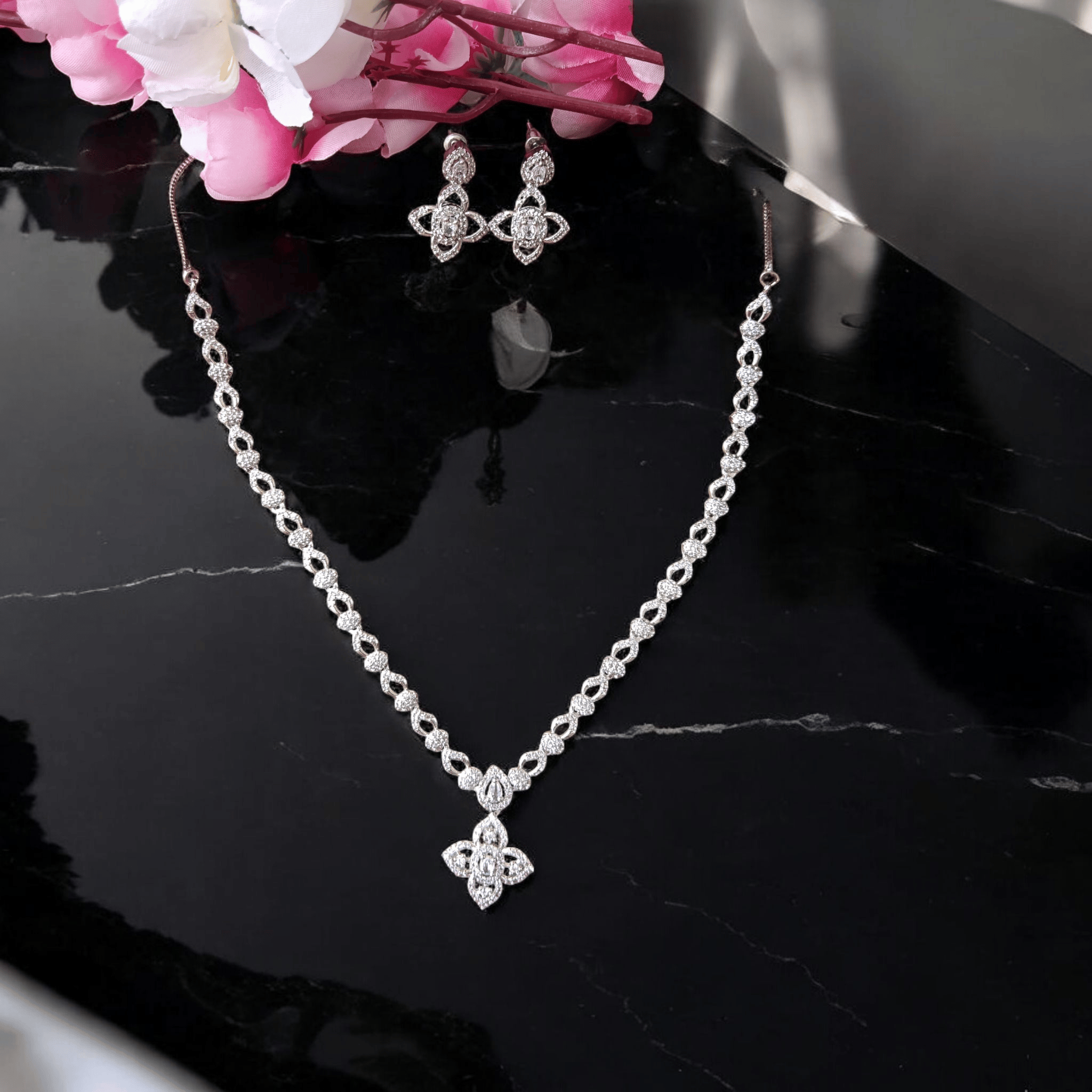 ELLNORA'S Stunning Cubic Zirconia Tennis Necklace and Stud Earrings Set in White Gold Plated 925 Sterling Silver