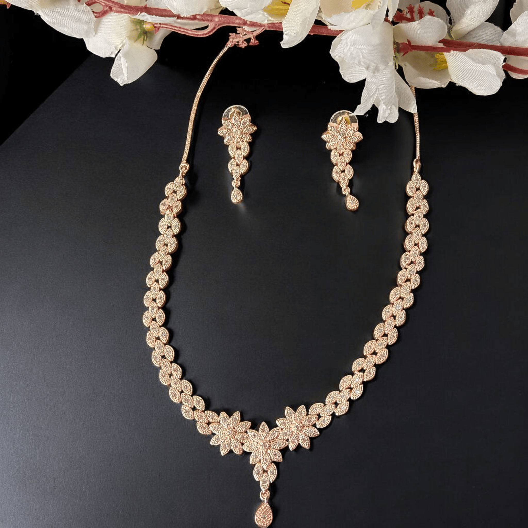 ELLNORA'S "Stunning American Diamond Necklace Set in Gold Plating with Floral Motif for Women"