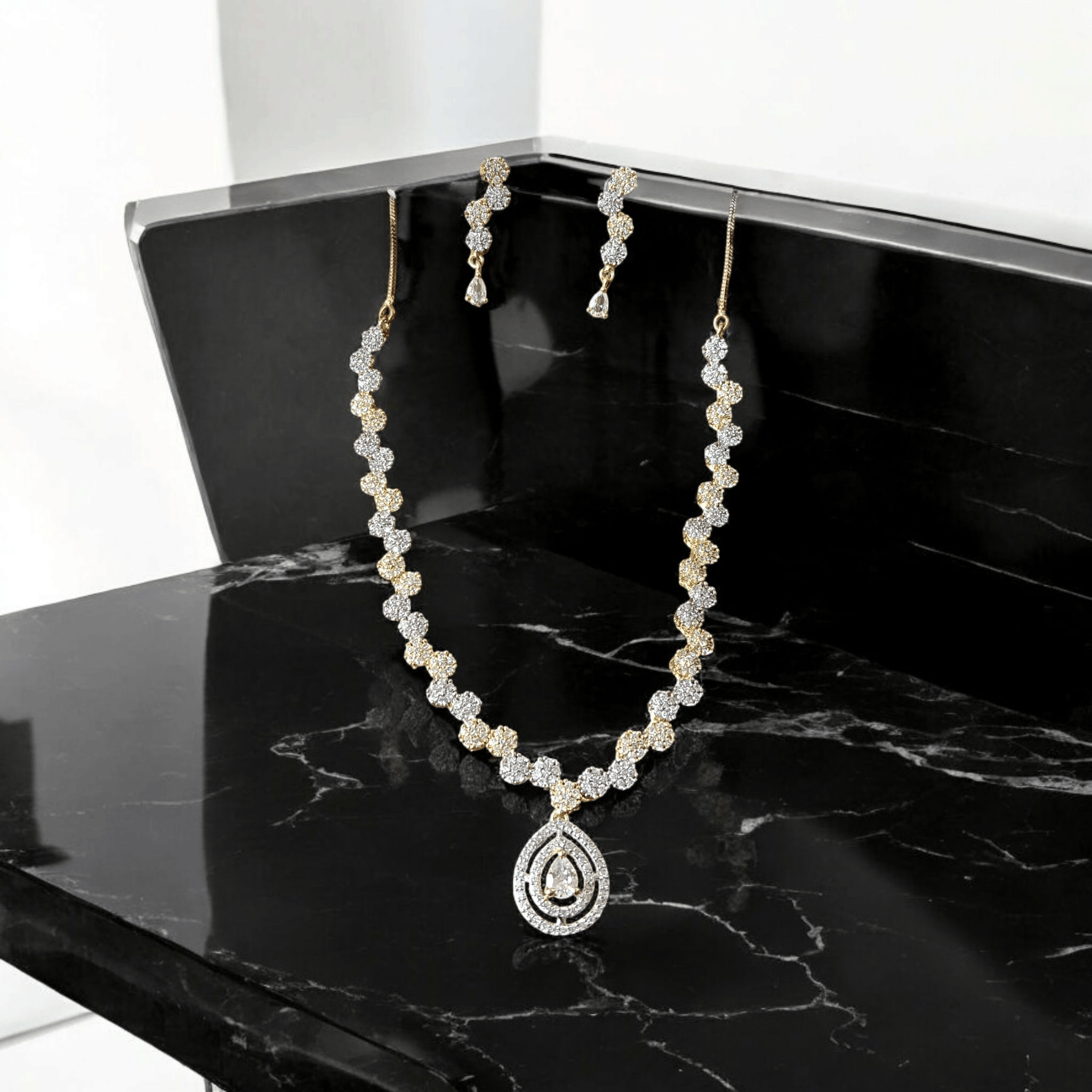 ELLNORA Gold Plated Kundan and American Diamond Necklace Set with Earrings for Women