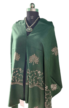 Green Wool Stole with Kashmiri Embroidery Green Wool Stole with Kashmiri Embroidery