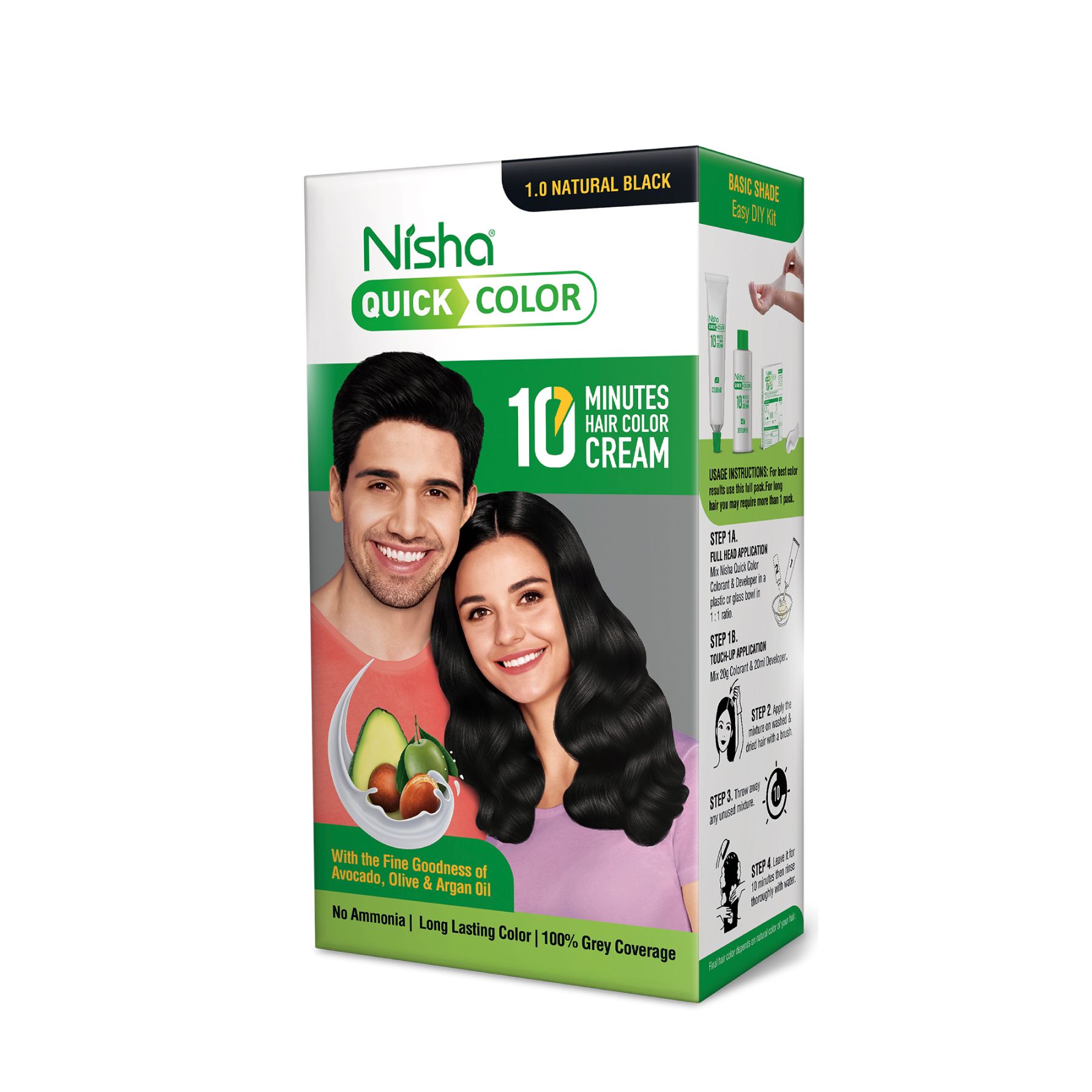 Nisha Quick Color 10 Minutes Creme Hair Colour Natural Black 120gm, Ammonia Free Permanent Hair Color for Women & Men
