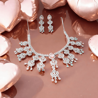 Ellnors's Stunning Silver Plated Kundan and Pearl Necklace Set with Earrings for Women