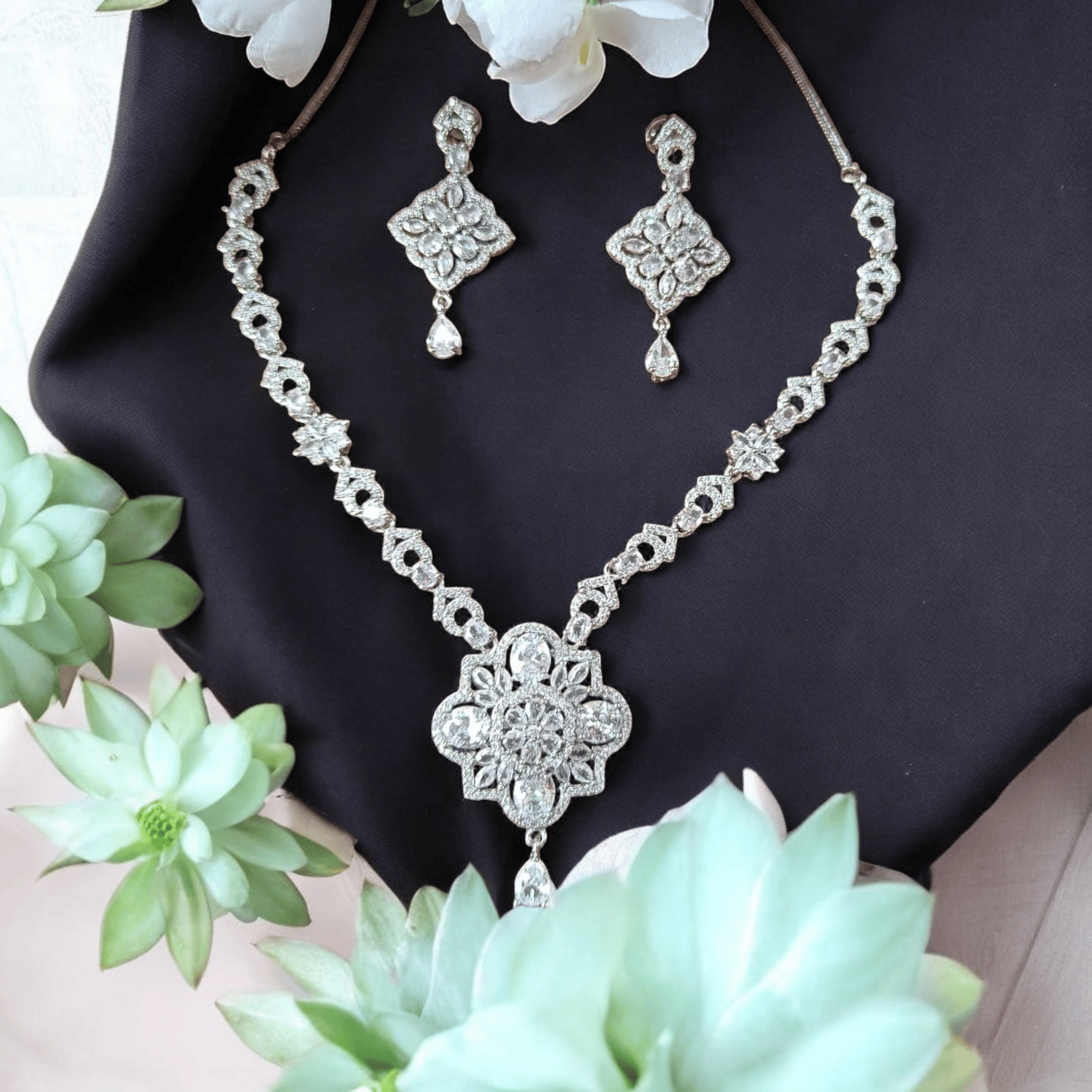 ELLNORA'S2American Diamond Bridal Necklace Set with Earrings in Silver Finish