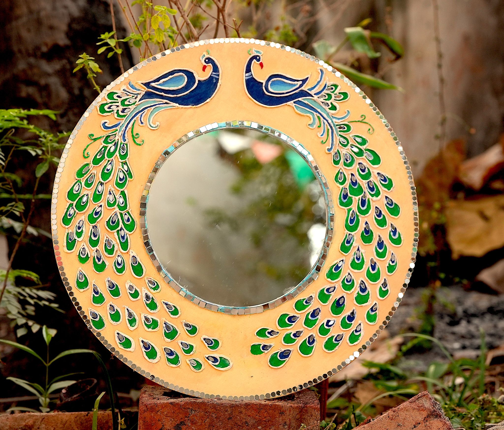 Unique Handcrafted Mandala Mosaic Mirror with Vibrant Peacock Design
