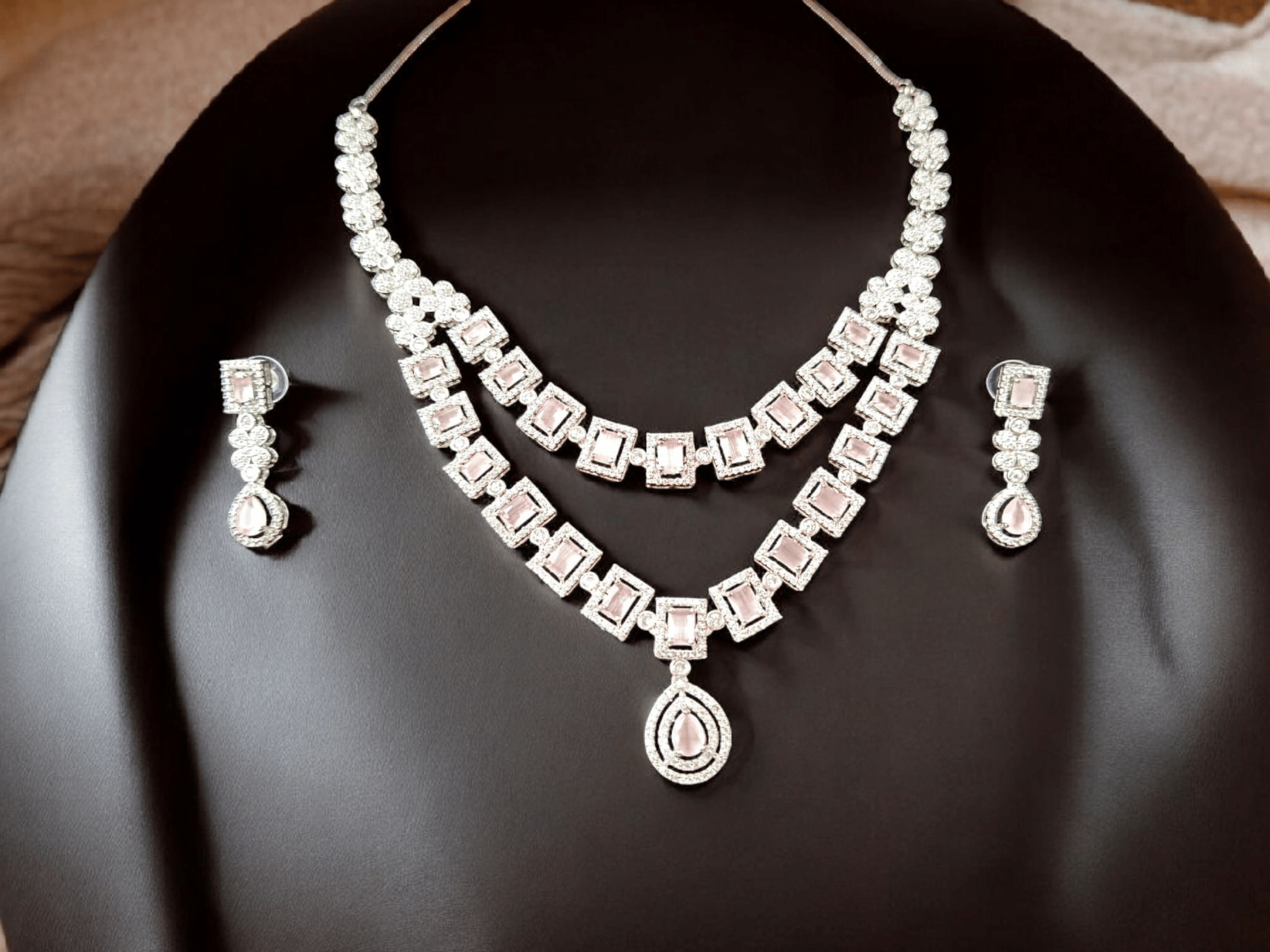 ELLNORA'S Stunning Silver and Pink Cubic Zirconia Bridal Necklace Set