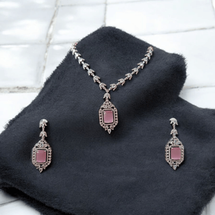 ELLNORA'S Stunning Silver Necklace Set with Pink Stones