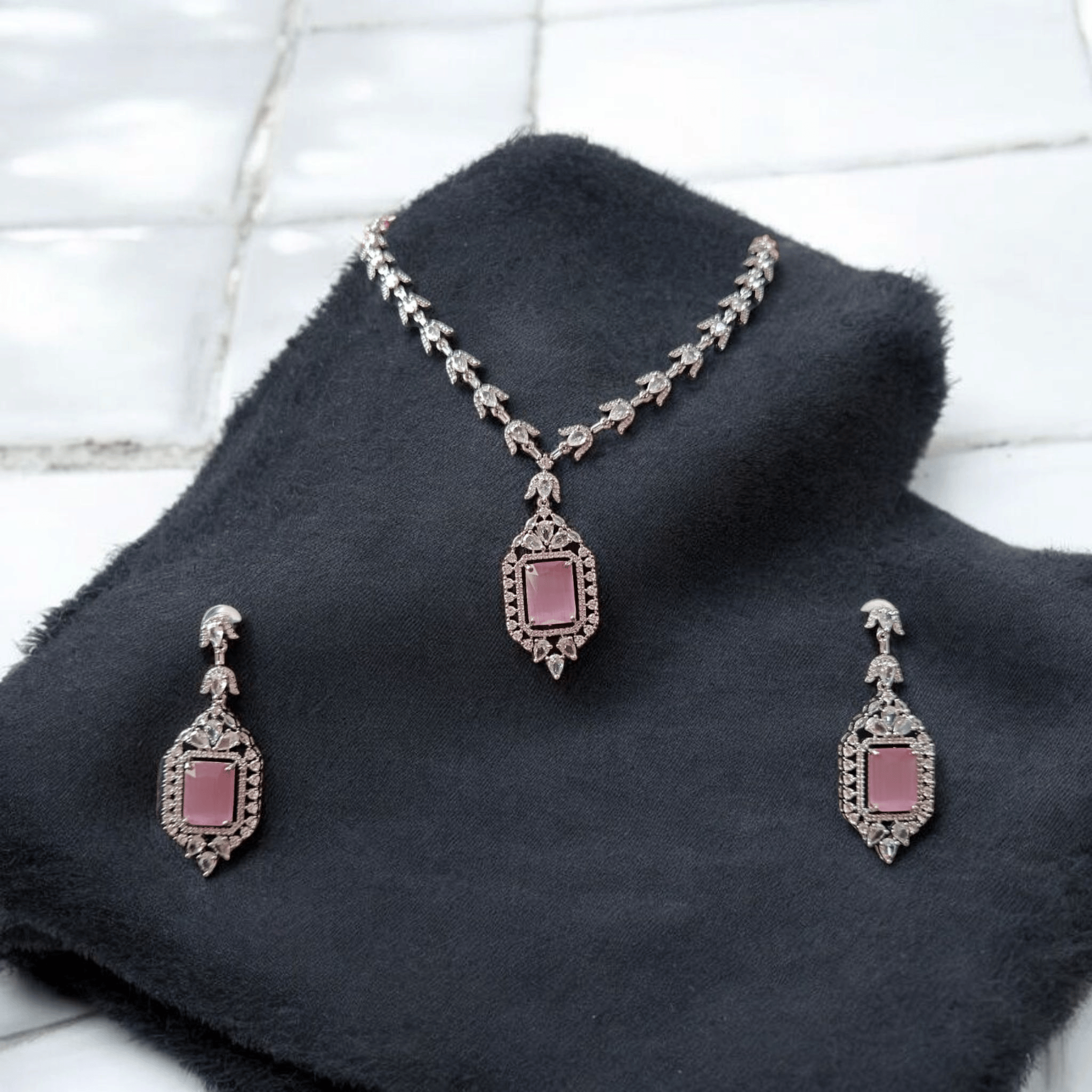ELLNORA'S Stunning Silver Necklace Set with Pink Stones