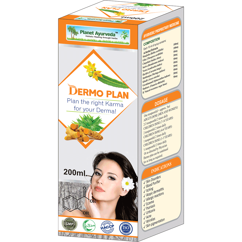 Planet Ayurveda Dermo Plan Syrup [Pack of 3] - 200ml Ayurvedic Skin Care Syrup for Men and Women - Natural Blood Purifier for Itching, Atopic Dermatitis, Allergic Reactions, Eczema, Psoriasis, Urticaria, Acne, Wrinkles, Skin Pigmentation