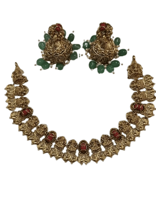 Exquisite Kundan Meenakari Coin Necklace Set with Red Stones and Green Beads Exquisite Kundan Meenakari Coin Necklace Set with Red Stones and Green Beads