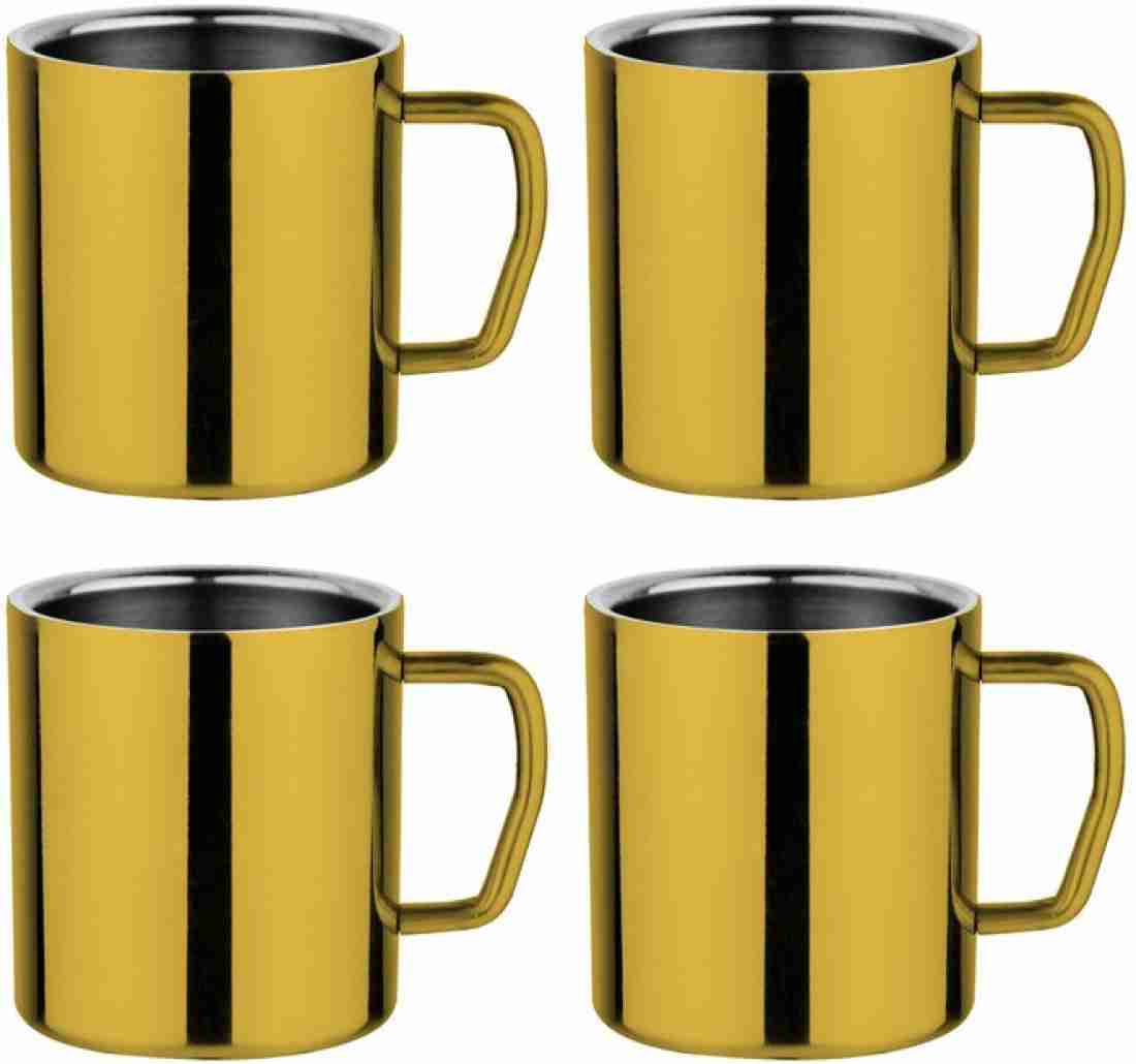 Prabha Set of 4 Gold Stainless Steel Coffee Mugs with Handle, 350ml Double Wall Insulated Metal Cups for Espresso, Tea, Milk