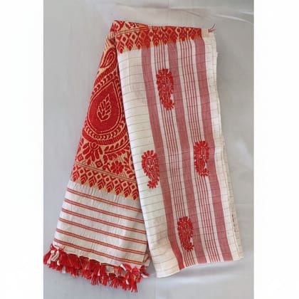 Red and White Paisley Cotton Stole with Fringe