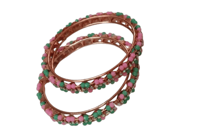  Indian Traditional Copper Metal Bangle Set for Women - Pink and Sea Green