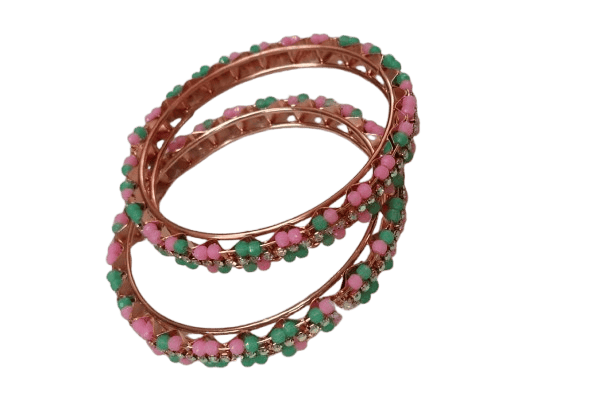 Indian Traditional Copper Metal Bangle Set for Women - Pink and Sea Green