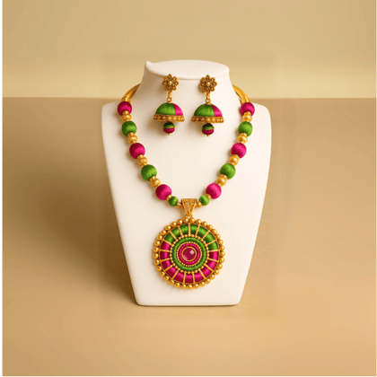 Antique Silk Thread Flower Necklace with Stud and Jhumka Earrings for Women